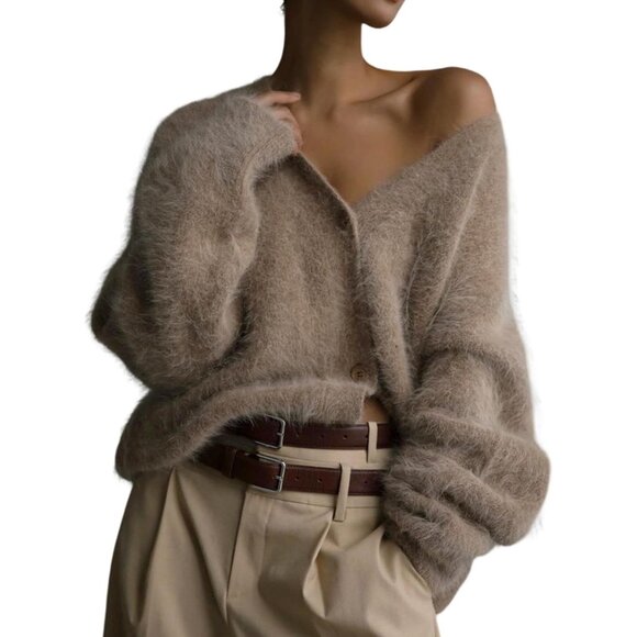 Sweaters - Women's Fuzzy Knit Cardigan Medium V Neck Button Long Sleeve Casual Sleeve